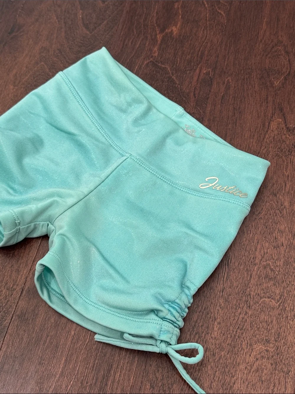 Justice Girls Dance Shorts Shimmery Aqua Blue Green Ruched Sides, size XS 5/6